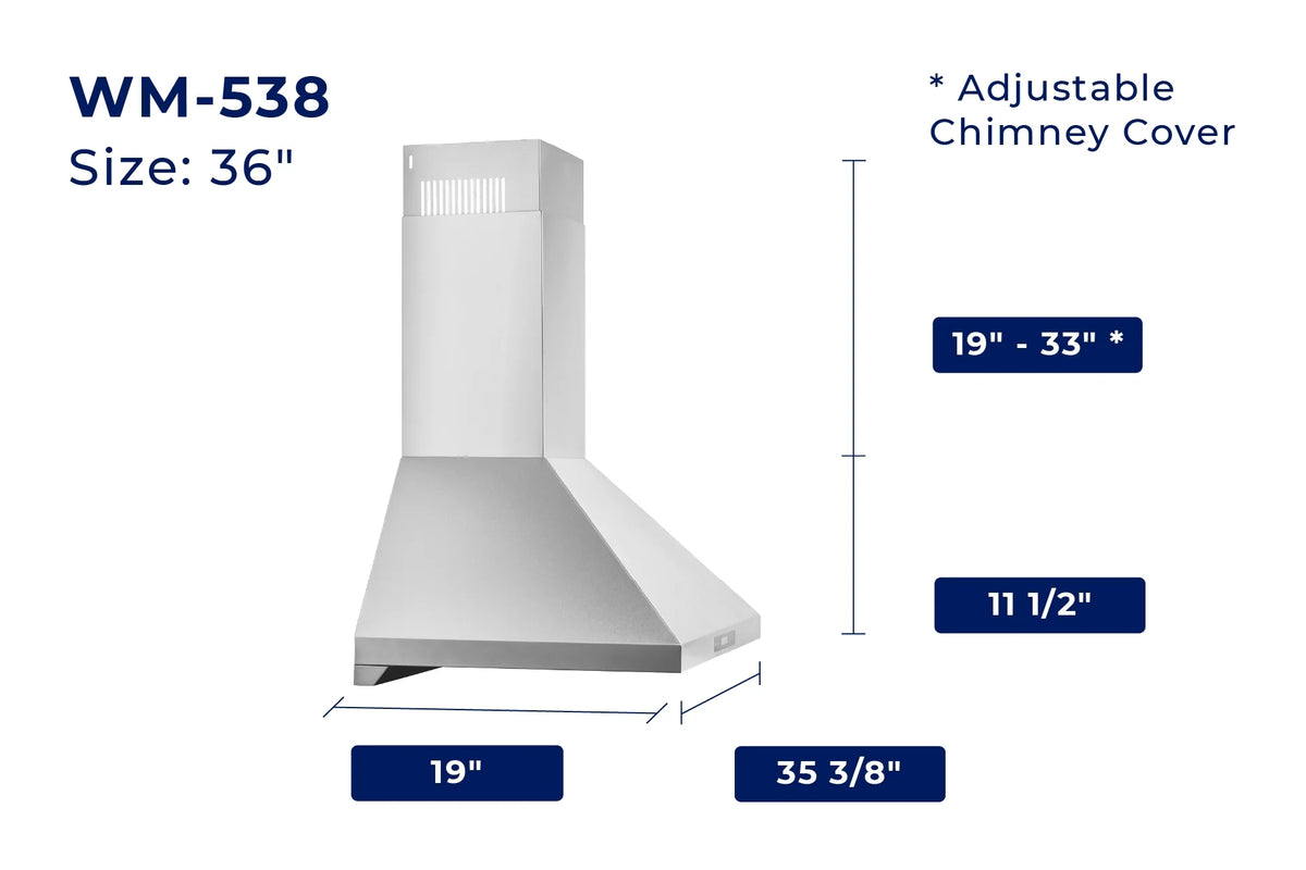 Hauslane Chef Series 36'' Stainless Steel Wall-Mount Range Hood 860 CFM, Touch Screen, Easy Clean Baffle Filters, LED Lamps