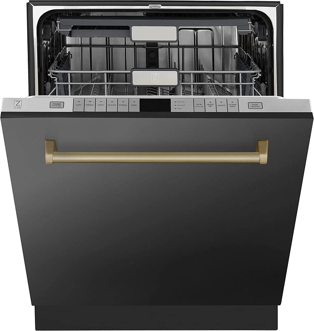 ZLINE Autograph Edition 24" 3rd Rack Top Touch Control Tall Tub Dishwasher in Black Stainless Steel with Gold Handle, 45dBa (DWMTZ-BS-24-G)