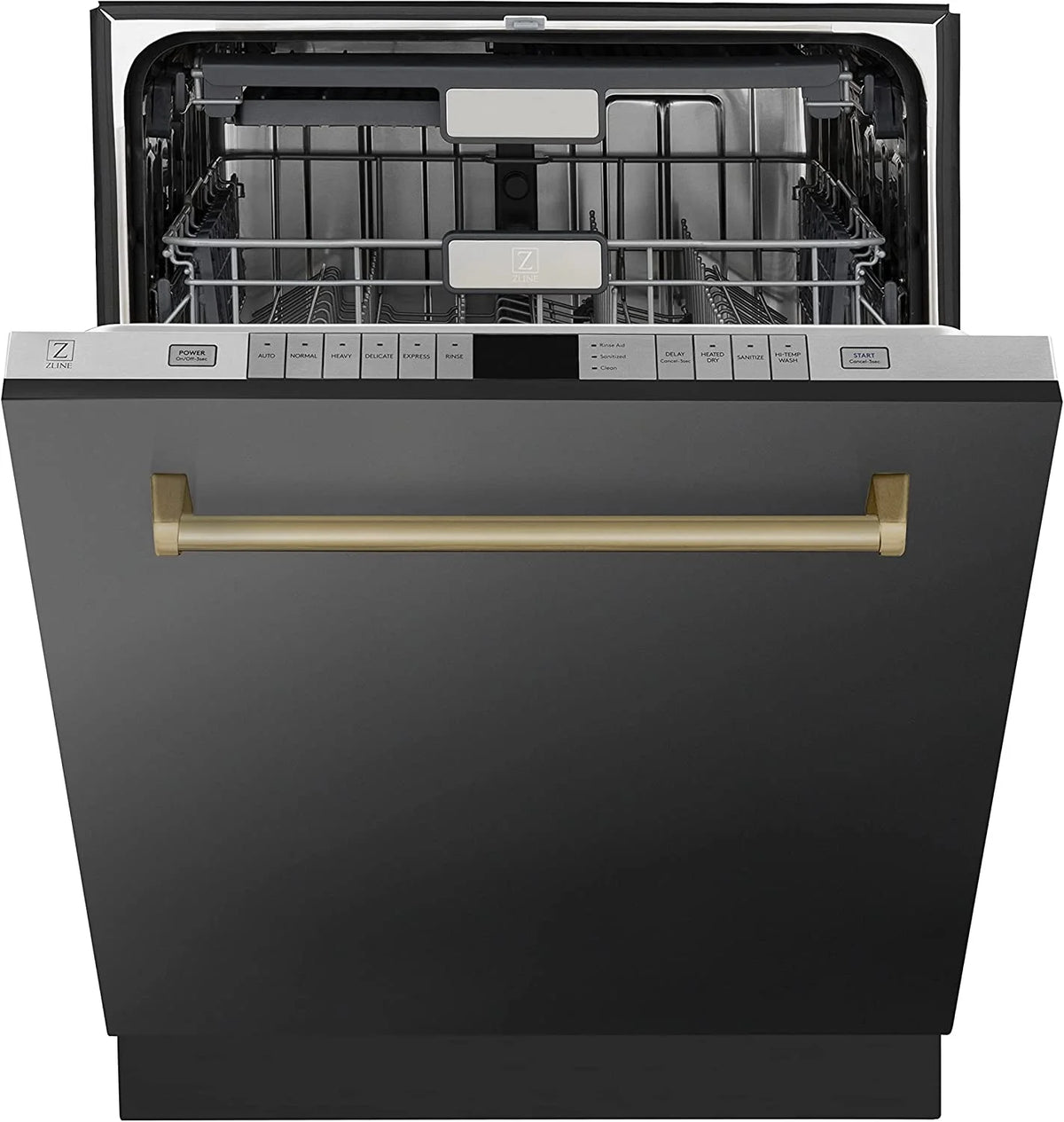 ZLINE Autograph Edition 24" 3rd Rack Top Touch Control Tall Tub Dishwasher in Black Stainless Steel with Gold Handle, 45dBa (DWMTZ-BS-24-G)