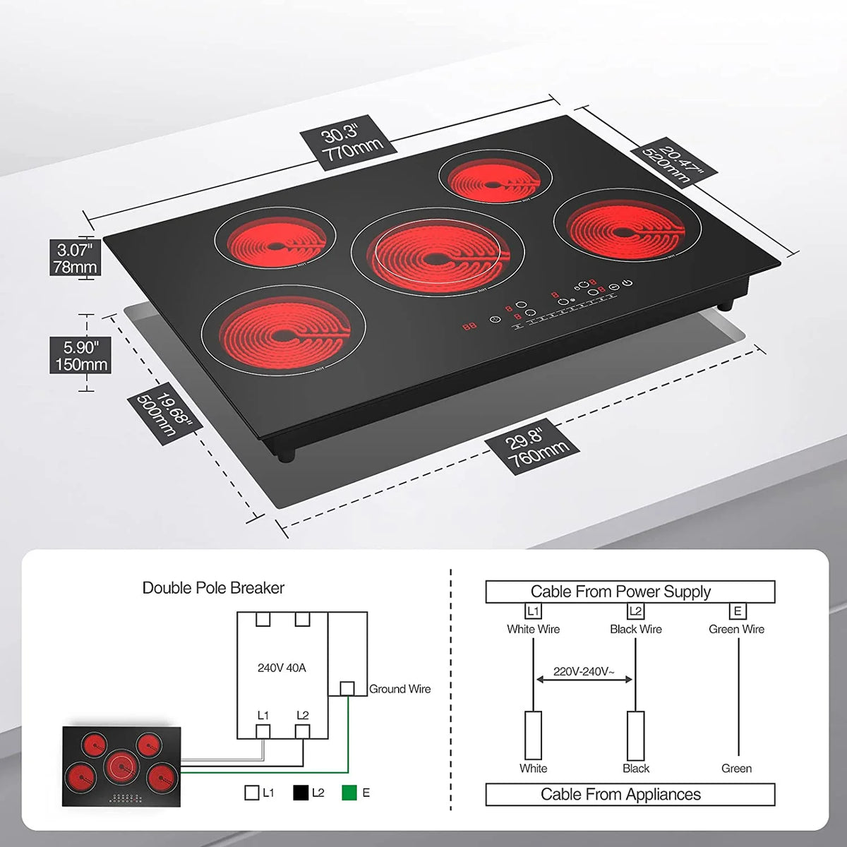 VBGK Induction Cooktop 30 inch 5 Burner Electric Hot Plate for Cooking Electric Induction Cooktop 240v, 99 Minutes Timer and Auto Shutdown Induction Burner,Child Lock