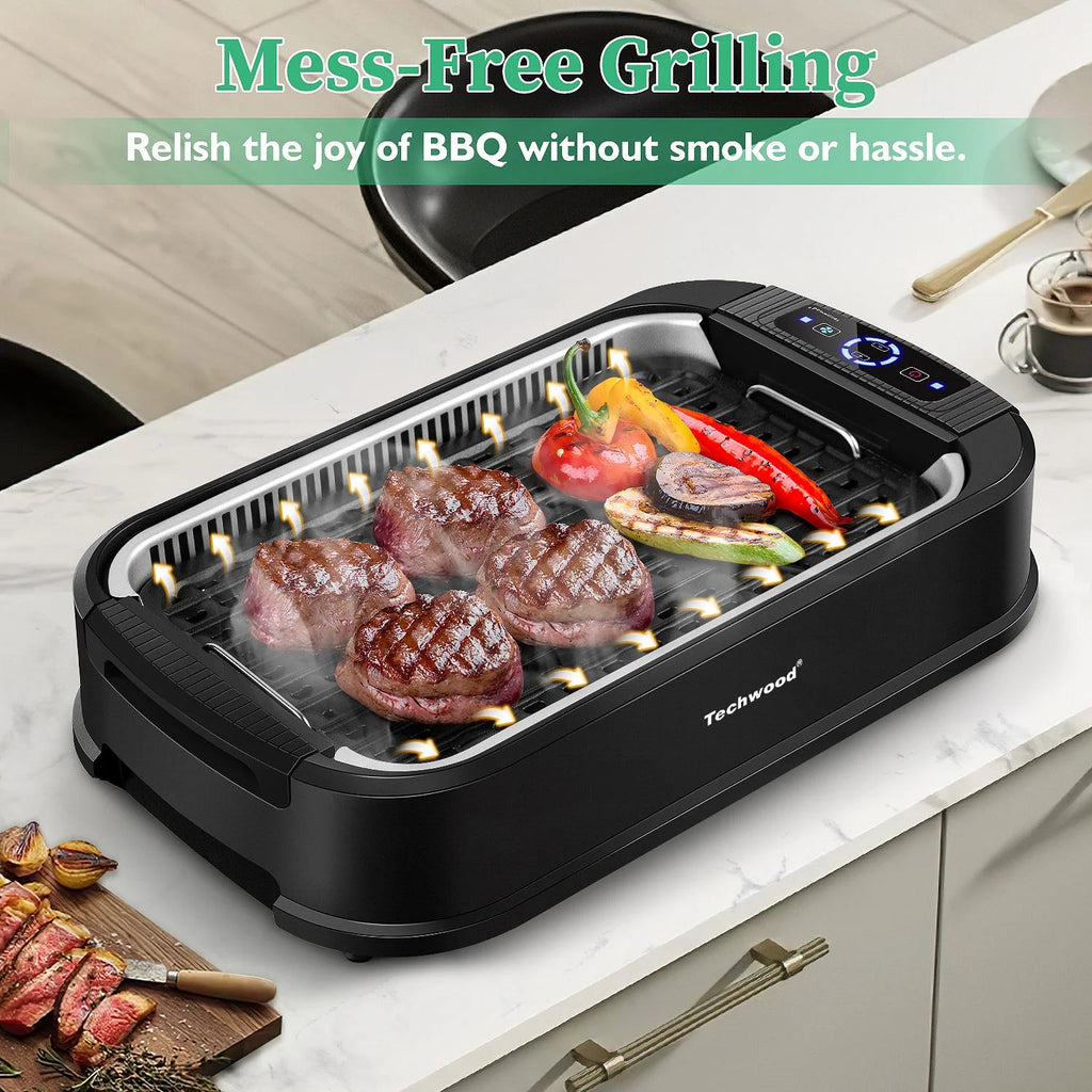 Techwood Indoor Smokeless Grill, 1500W, Black, Electric Portable Korean BBQ Grill with Tempered Glass Lid