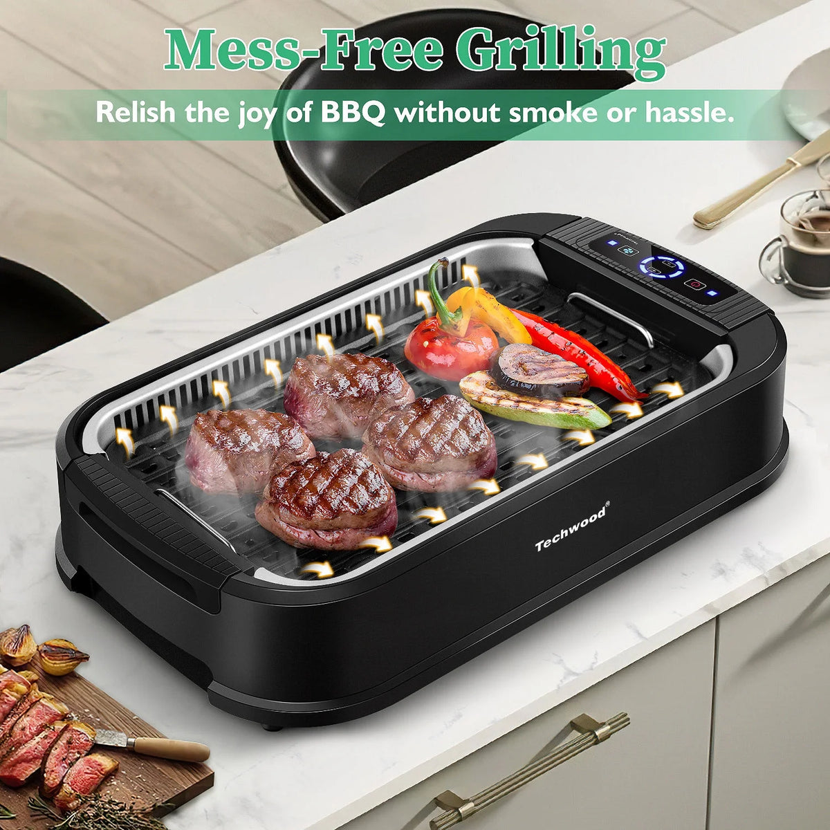 Techwood Indoor Smokeless Grill, 1500W, Black, Electric Portable Korean BBQ Grill with Tempered Glass Lid
