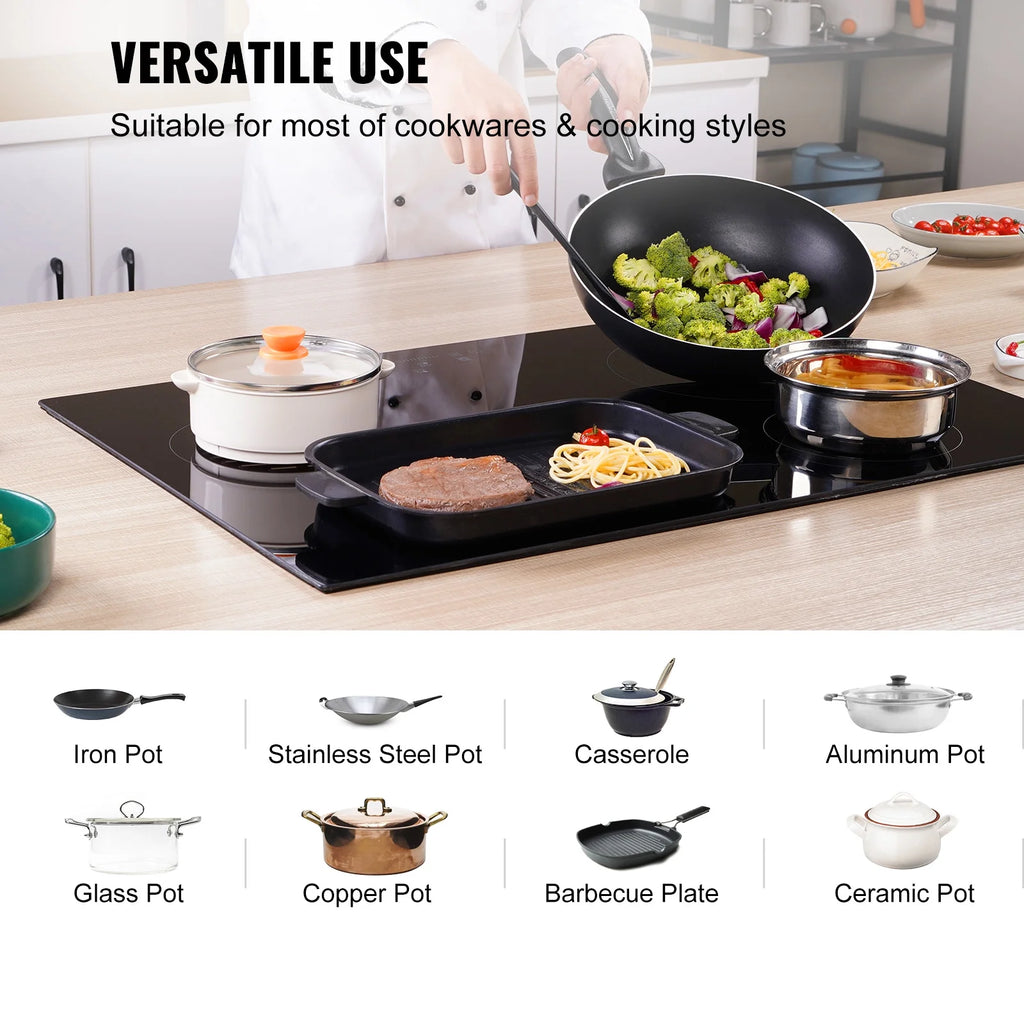 KFFKFF Electric Ceramic Cooktop, 23" 6000W 4 Burners Built-in Countertop Burners Cooker Touch Sensor Control, Overheat Protection, Child Lock, 220-240V (NO Plug)