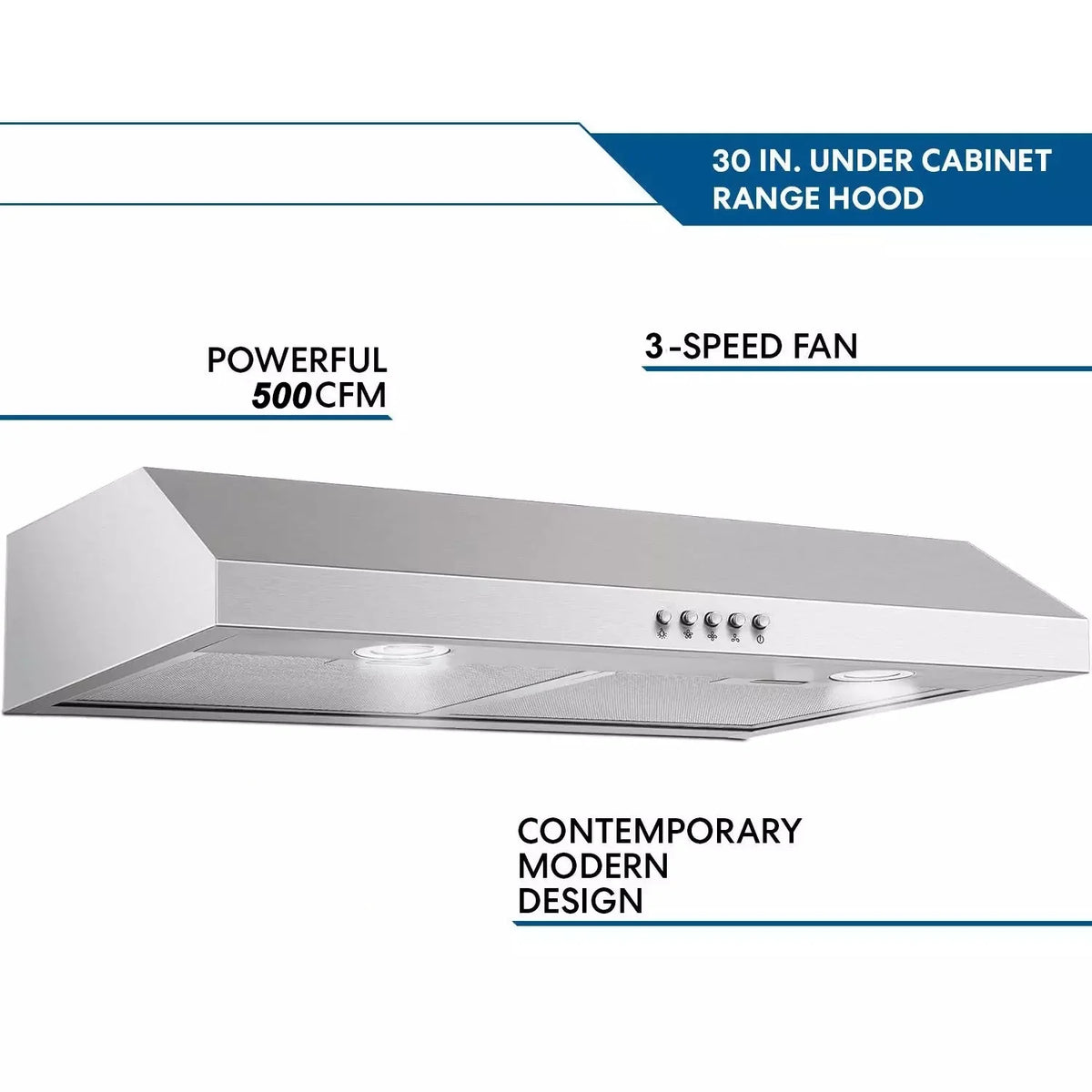 SNDOAS 30inch Under Cabinet Range Hood 500CFM 3-Speed Vent Stainless with Led Bulb