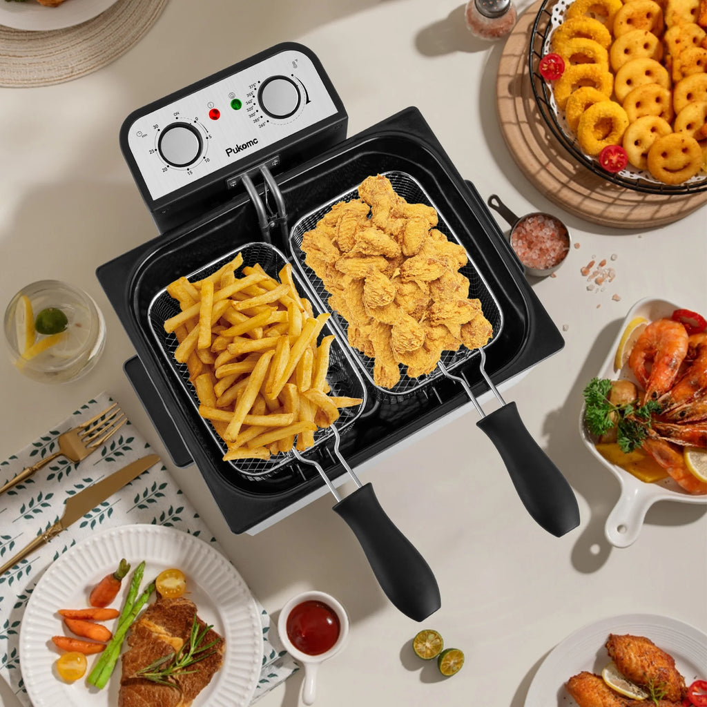 SUSTEAS 5.3 Qt Electric Deep Fryer with 3-Baskets for Home, 1800W, Timer & Temp Control, Stainless Steel & Black