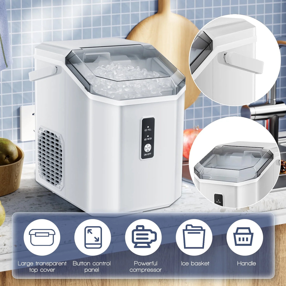 LHRIVER Countertop Nugget Ice Maker, 35Lbs/24H, Soft Chewable Ice, Ice Scoop, Self-Cleaning, White