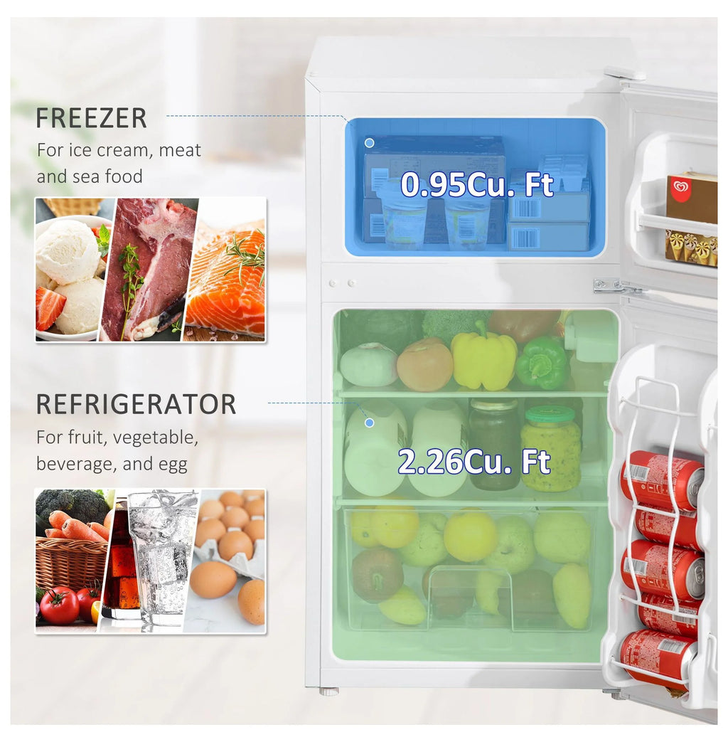 3.2 Cu.Ft Mini Fridge with Freezer - Double Door Refrigerator Adjustable Thermostat, Reversible Door - White - Dorm, Apartment, Bedroom