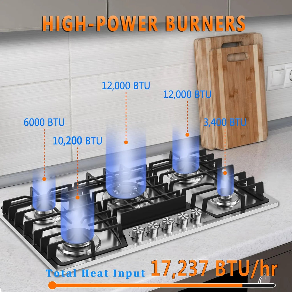 36 Inch Gas Cooktop with Griddle, Gas Stove Top with 5 Burners, Reversible Cast Iron Grill/Griddle, NG/LPG Convertible, with Thermocouple Protection, Stainless Steel