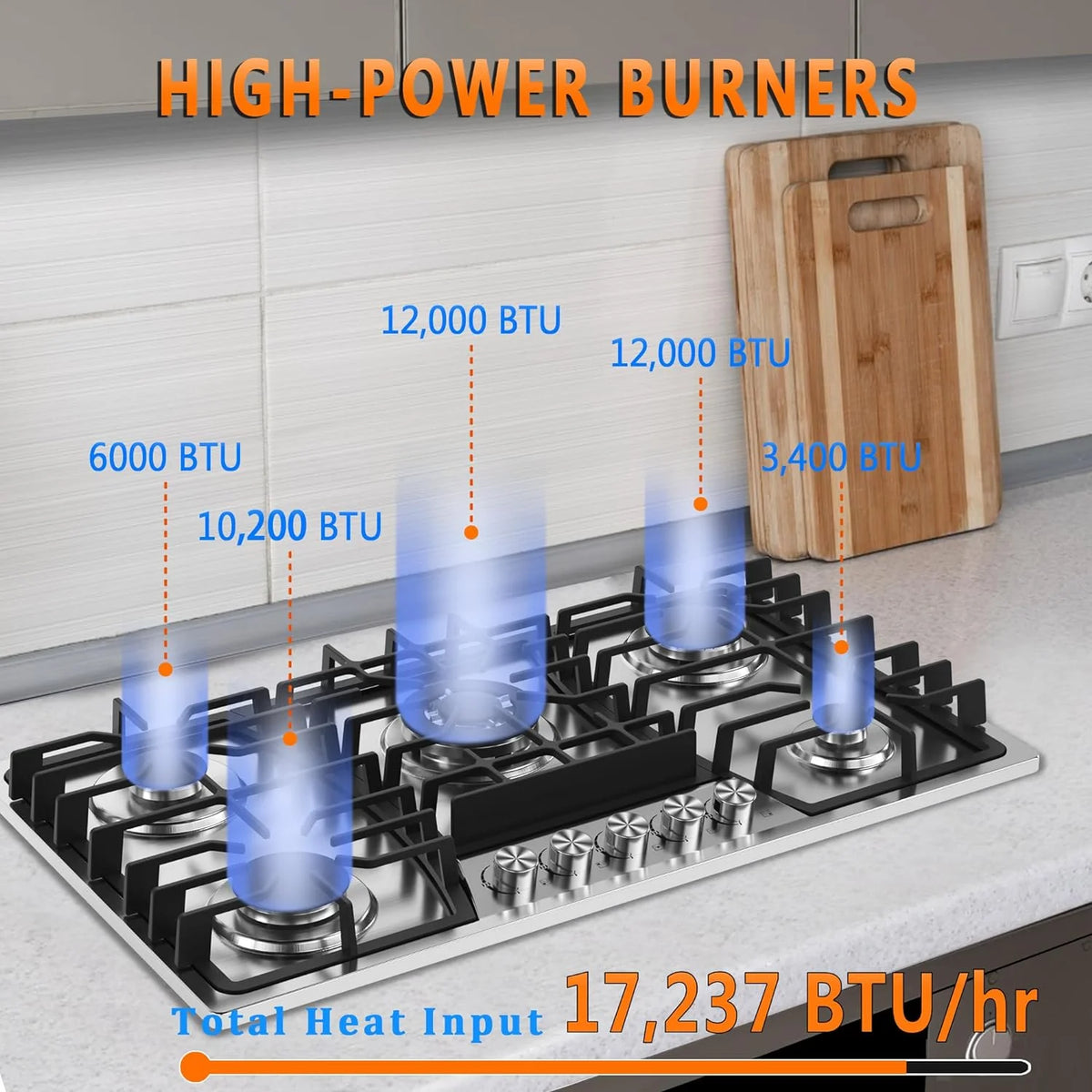 36 Inch Gas Cooktop with Griddle, Gas Stove Top with 5 Burners, Reversible Cast Iron Grill/Griddle, NG/LPG Convertible, with Thermocouple Protection, Stainless Steel