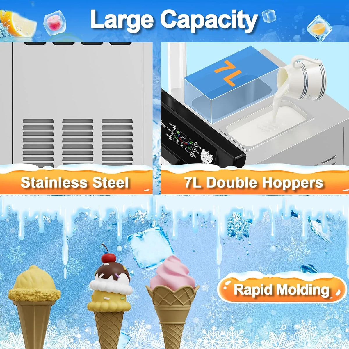2200W Commercial Soft Ice Cream Machine 3 Flavors Clean Led Panel Perfect for Restaurants Snack Bar Supermarkets