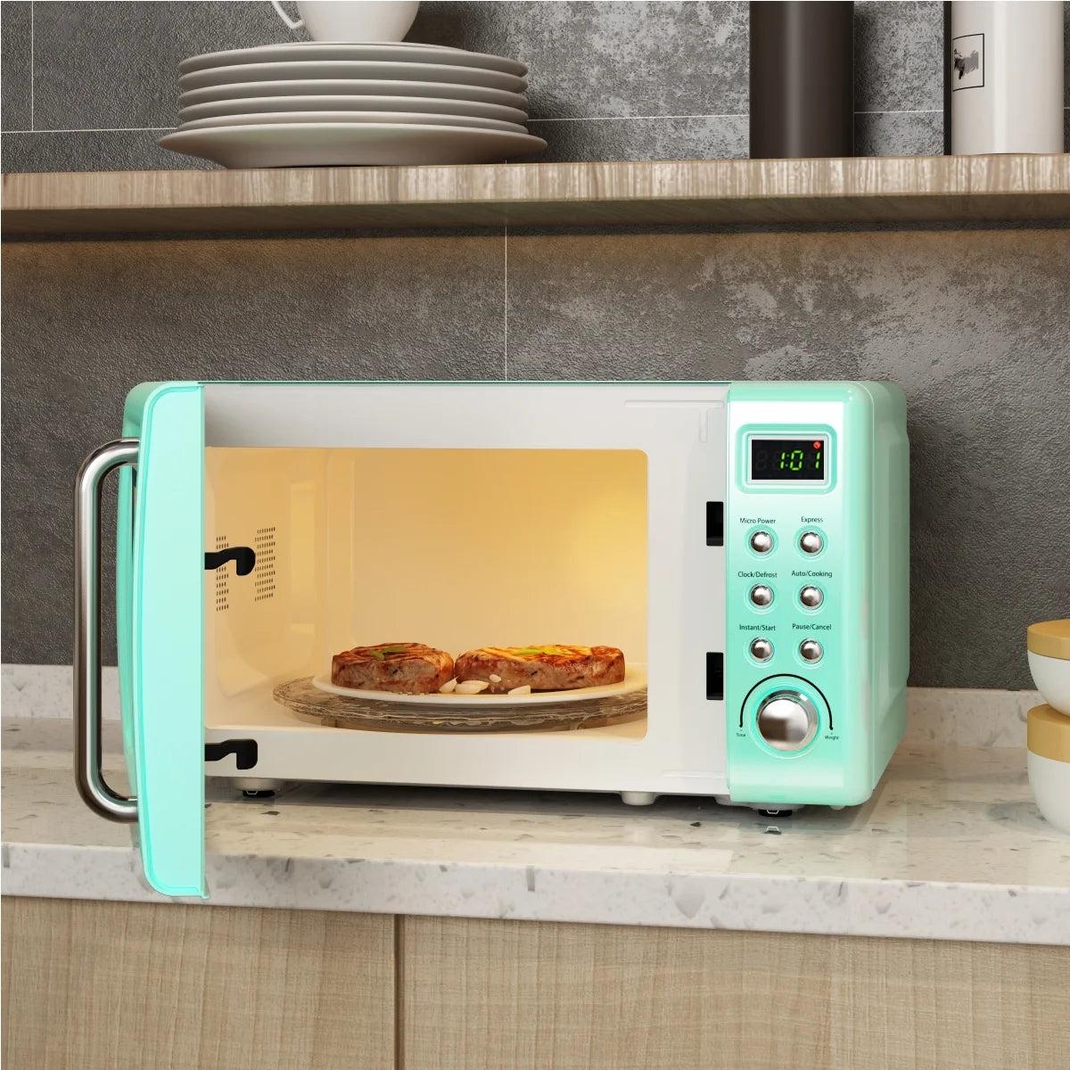Costway 0.7Cu.ft Retro Countertop Microwave Oven 700W LED Display Glass Turntable Rose Gold