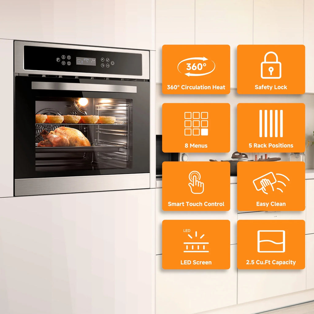 Aobosi 24 Inch Single Wall Oven, 2.5 Cu.ft Built-in Electric Wall Oven with 8 Cooking Functions in Stainless Steel
