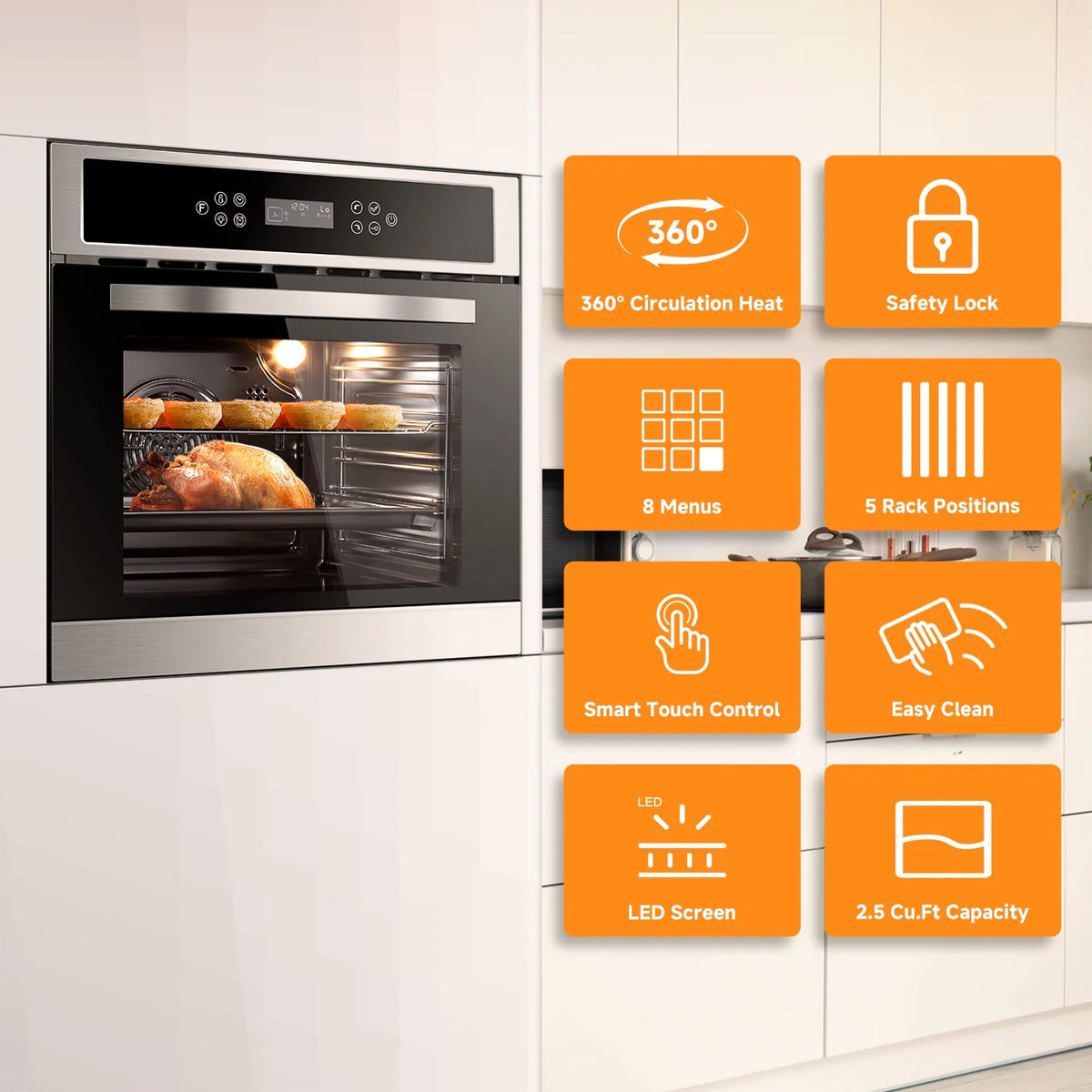 Aobosi 24 Inch Single Wall Oven, 2.5 Cu.ft Built-in Electric Wall Oven with 8 Cooking Functions in Stainless Steel